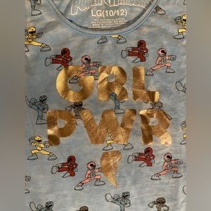 Power Rangers tank top with glitter foil lettering reads “GRL PWR”